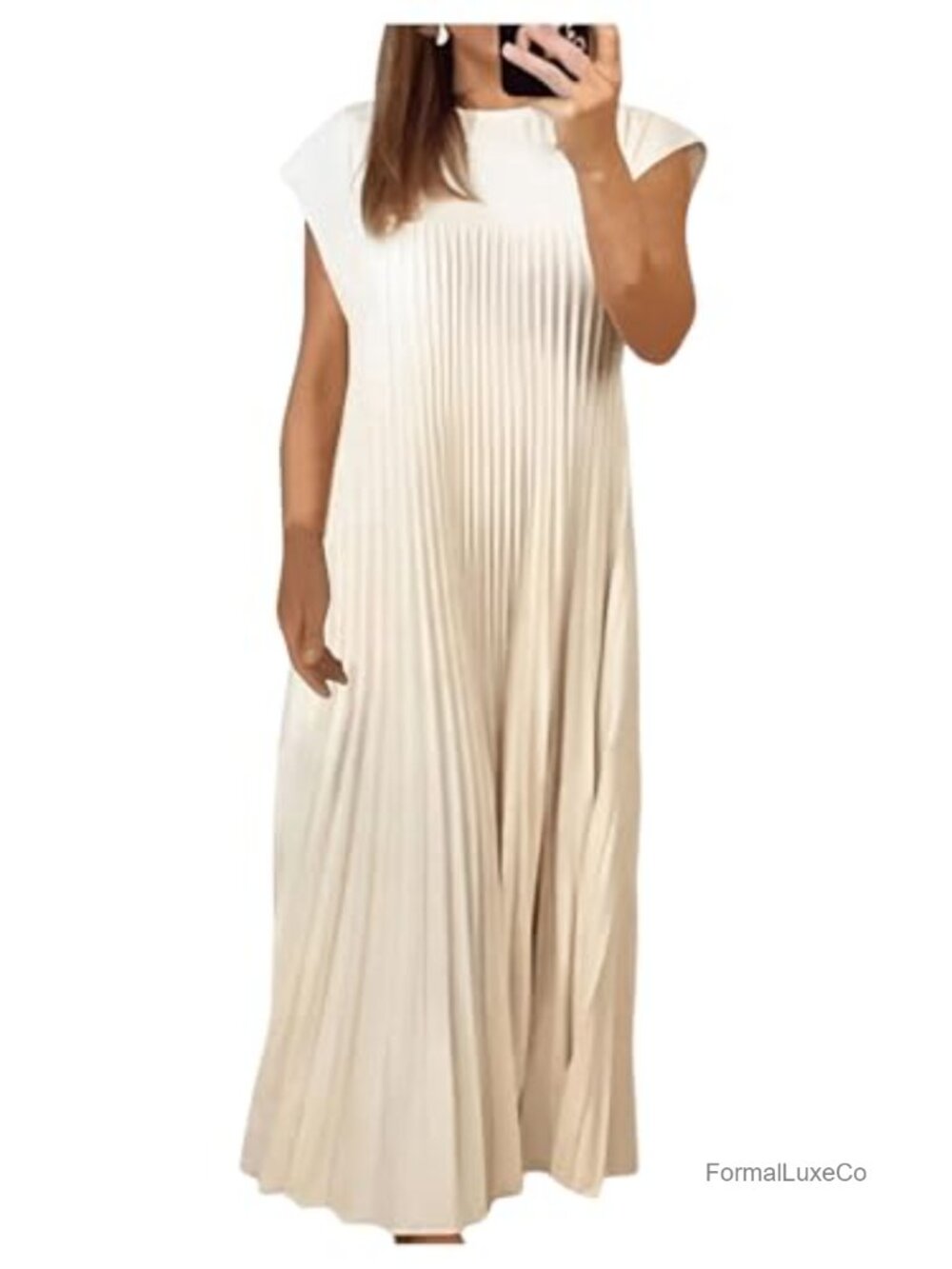 Pleated Midi Swing Dress Cap Sleeve Round Neck Loose Fit Casual Wedding Guest